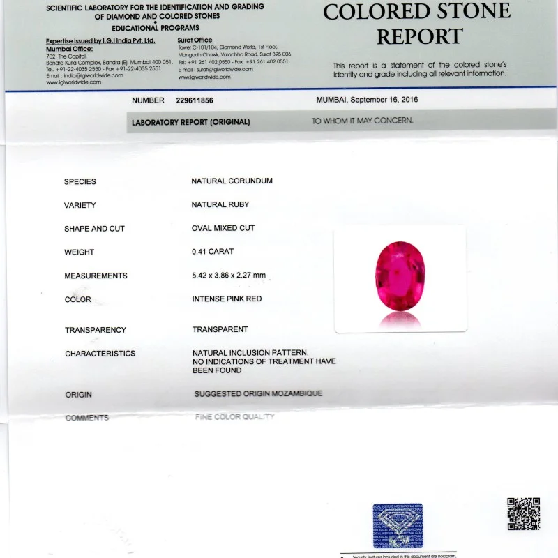 0.41 Ct IGI Certified Unheated Untreted Natural Mozambique Ruby A++++